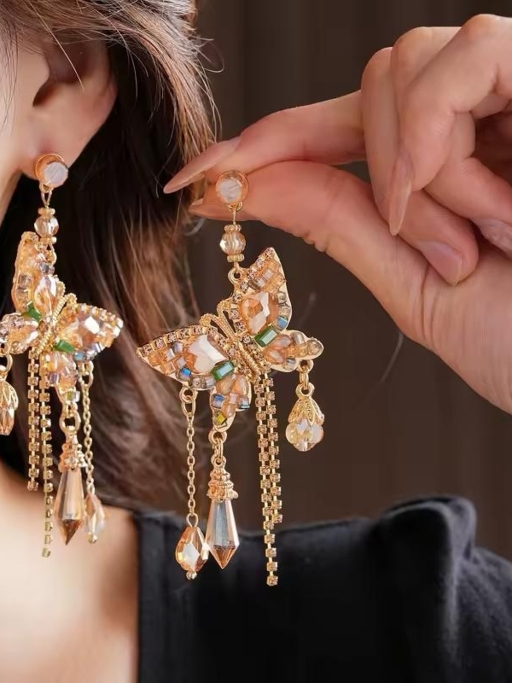 Gold Crystal Butterfly Drop Earrings with Green Accents
